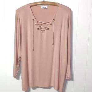 Calvin Klein Lace-Up Sleeve Tee XL Pink NWOT
